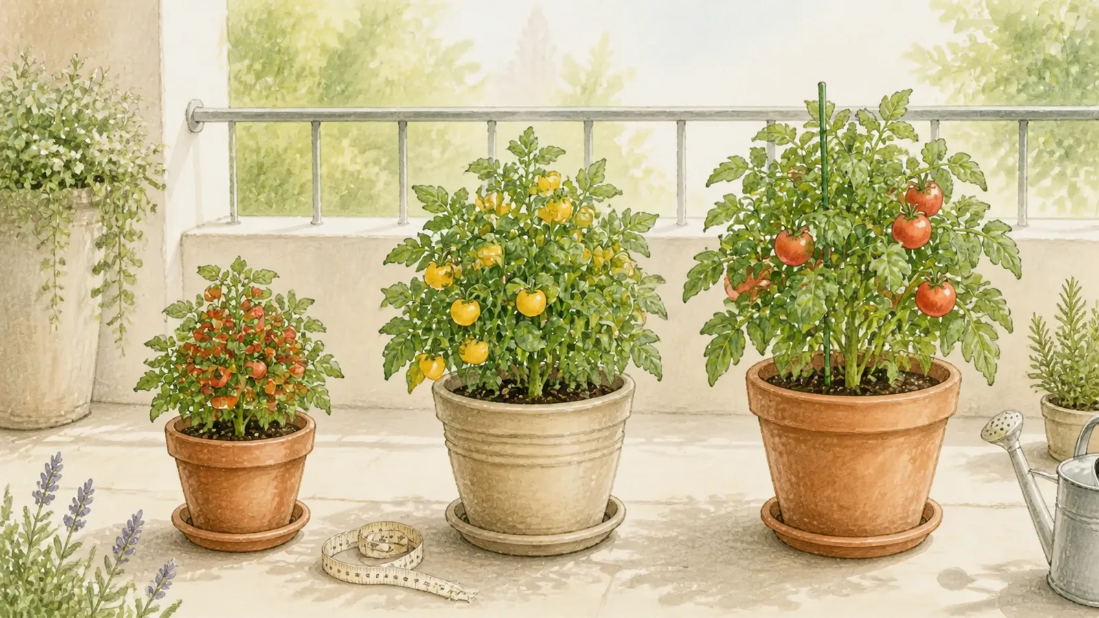 Three compact tomato cultivars with different heights and fruit sizes growing in containers on a sunny small patio