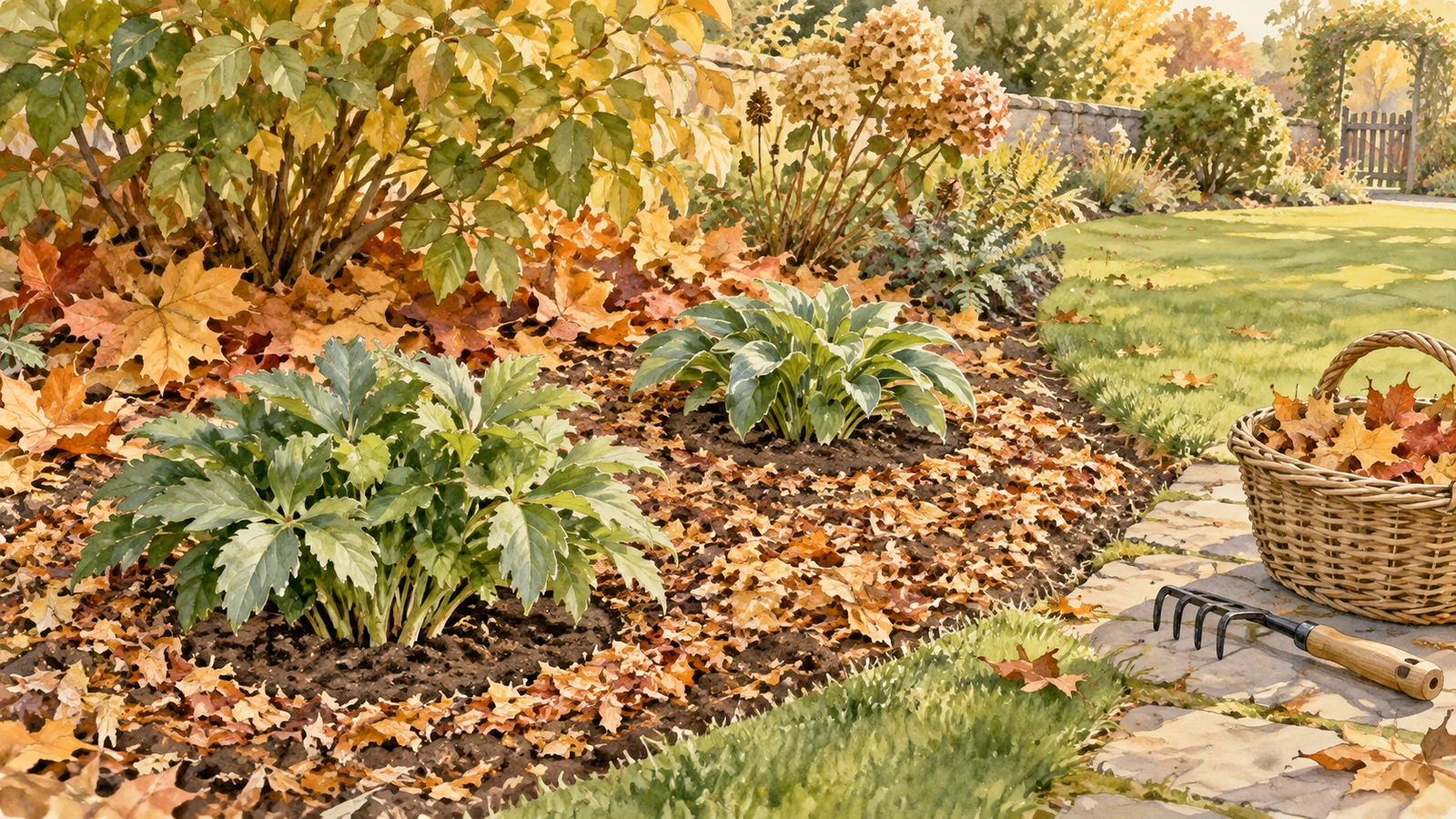 Illustration of autumn leaves beneath shrubs and shredded leaf mulch around garden plants with their crowns left clear