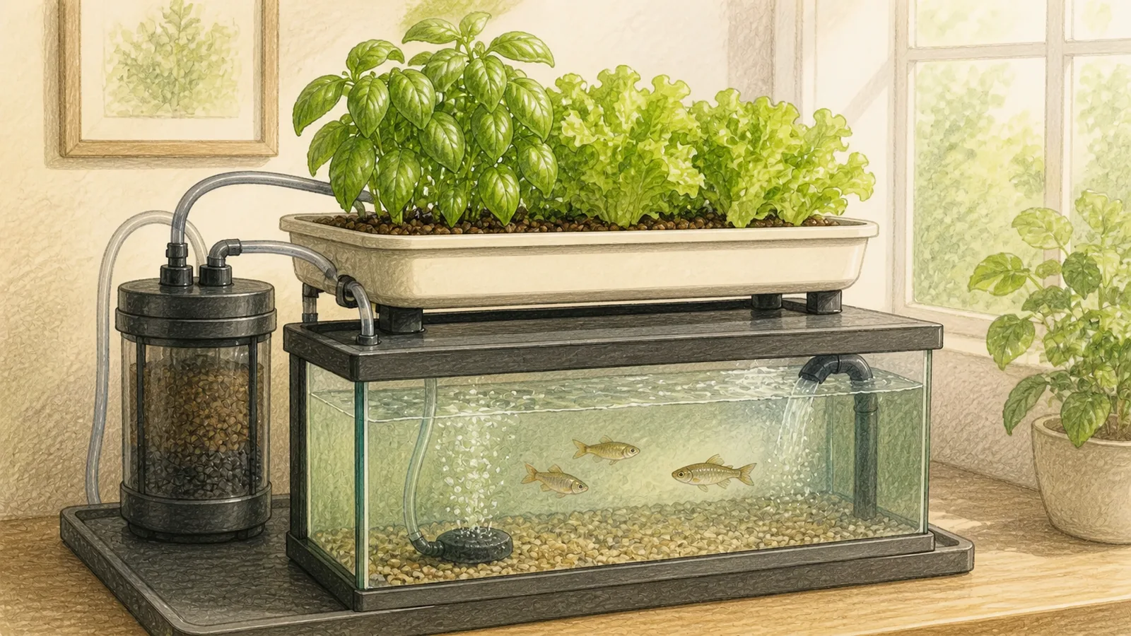 Compact home aquaponics system with a covered fish tank, aerated water, biofilter, and leafy herbs growing in a separate media bed