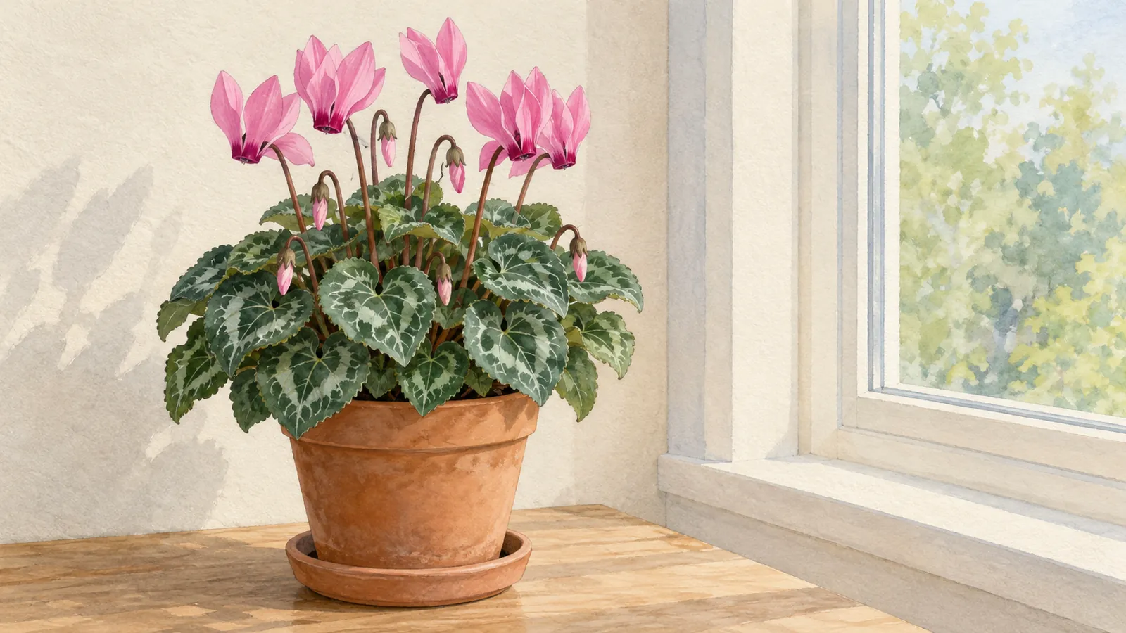 Watercolor illustration of pink cyclamen flowers above silver-marbled heart-shaped leaves in a terracotta pot beside a window