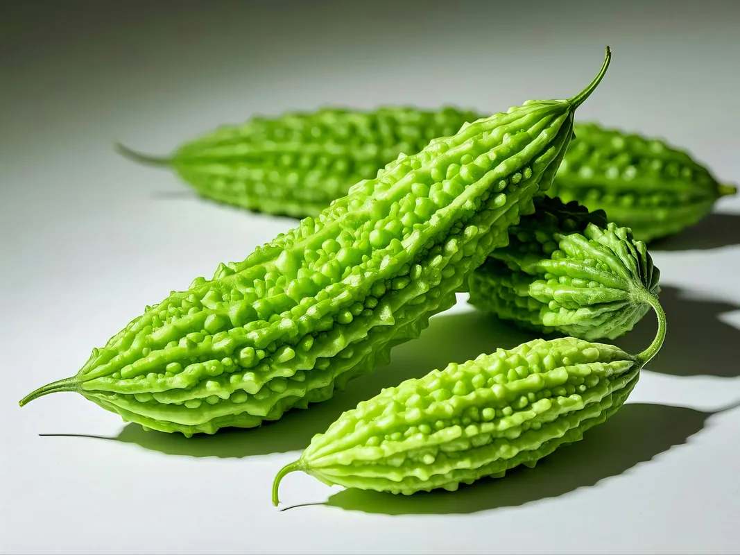 Three fresh bright green bitter melons with bumpy ridged skin arranged on a light green background