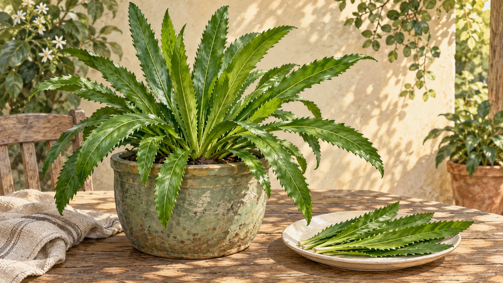 Illustration of culantro with long toothed leaves growing in a sage container beside a plate of harvested leaves