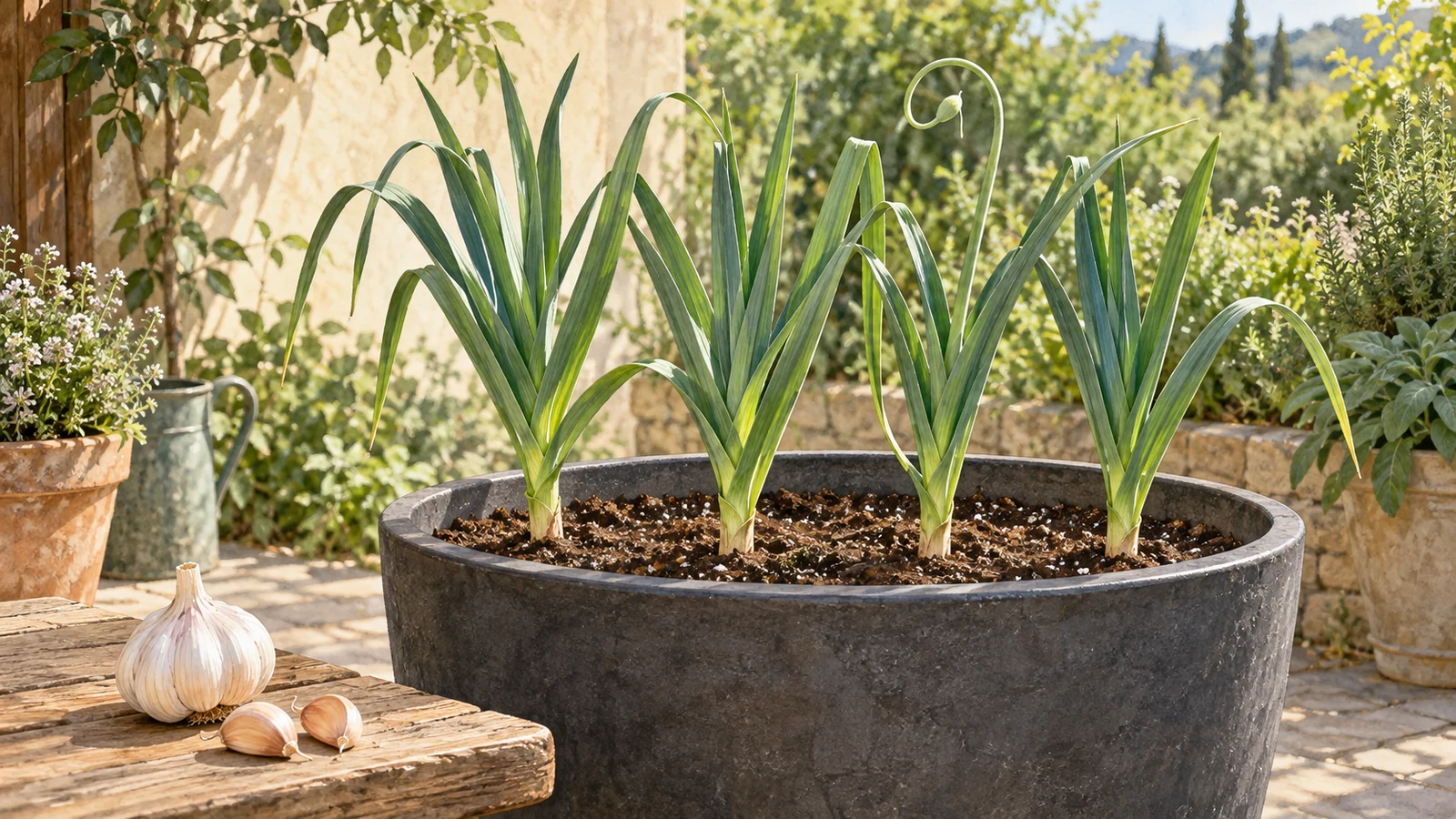 Illustration of garlic plants with flat green leaves and a curling scape in a deep patio planter beside a bulb and planting cloves