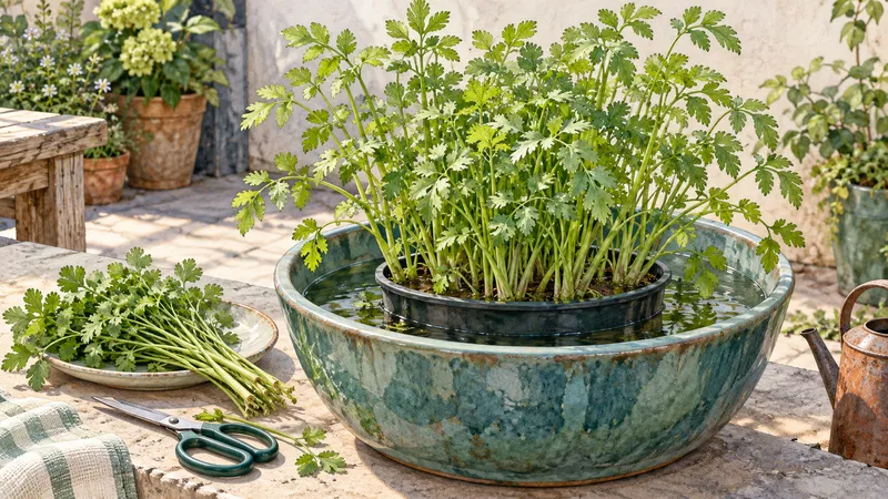Minari growing in a contained container beside a small clean harvest