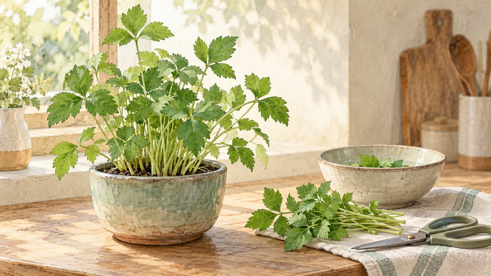 Mitsuba with three-part green leaves growing in a ceramic pot beside a small harvest and herb scissors