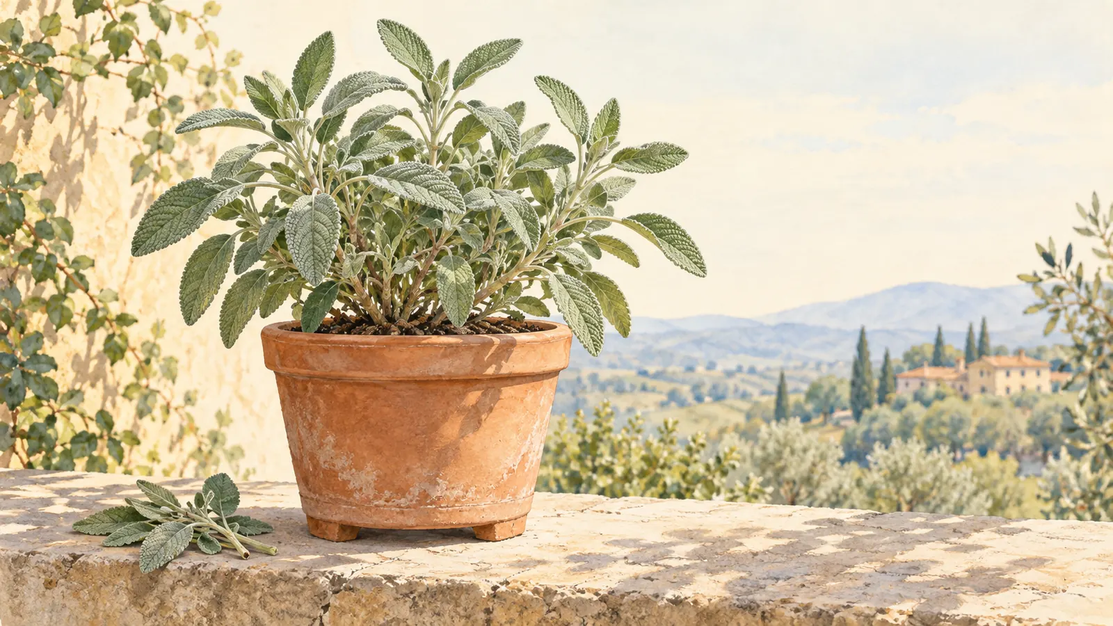 Illustration of gray-green culinary sage in a terracotta pot on feet, with a cut sprig on a sunny stone ledge