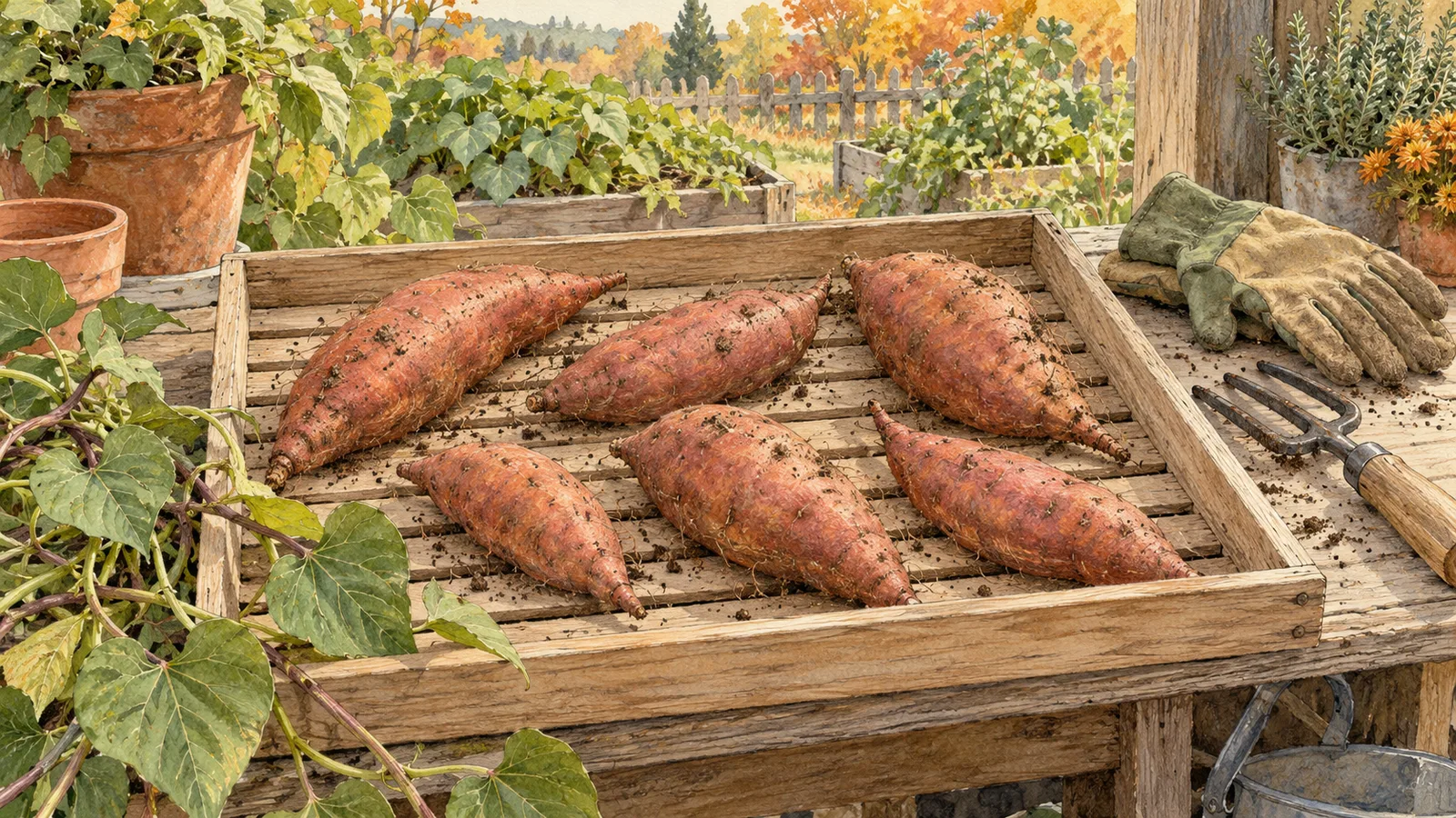 Watercolor illustration of six copper-skinned sweet potatoes in a shallow wooden tray beside green vines, gloves and a garden fork