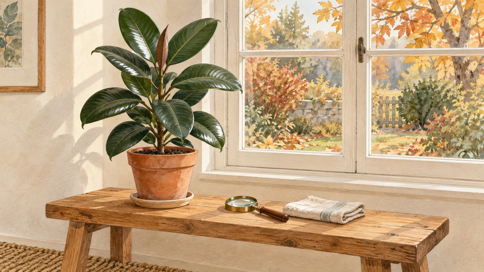 Illustration of a rubber plant set apart on an indoor bench beside a window, with a magnifying glass and cloth ready for inspection