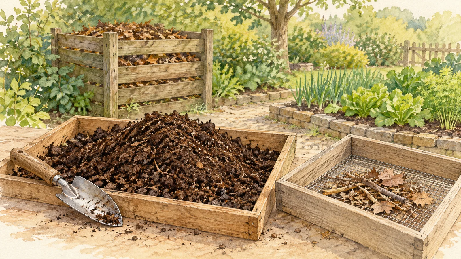 Watercolor illustration of dark crumbly compost in a wooden tray beside a trowel and a sieve holding coarse twigs and leaf fragments