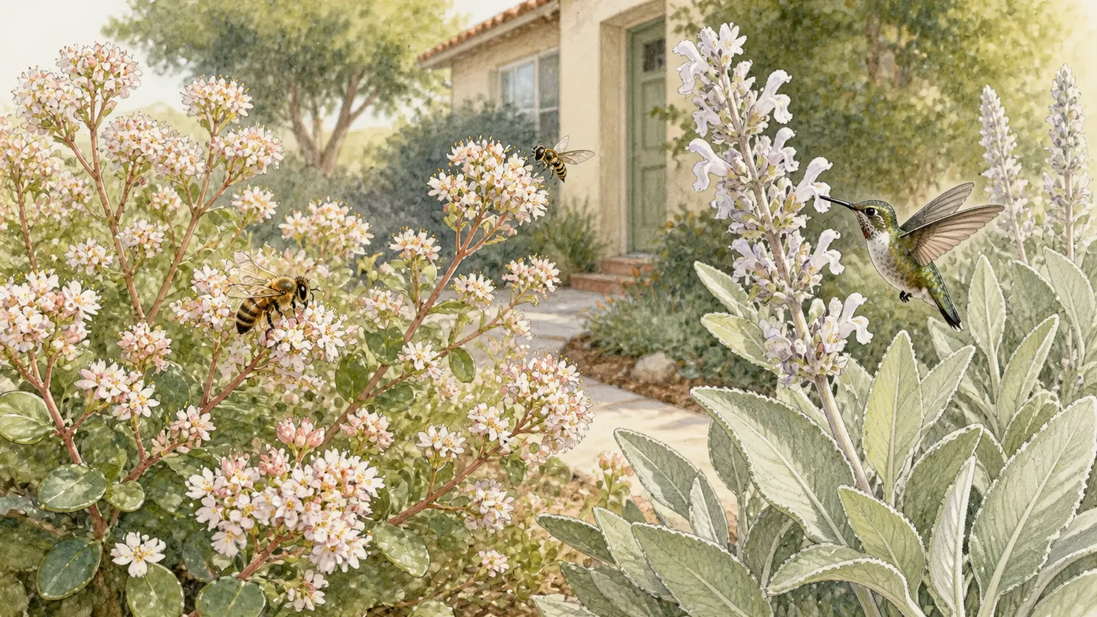 Native California buckwheat and white sage flowering in a residential yard visited by a bee, hoverfly, and hummingbird