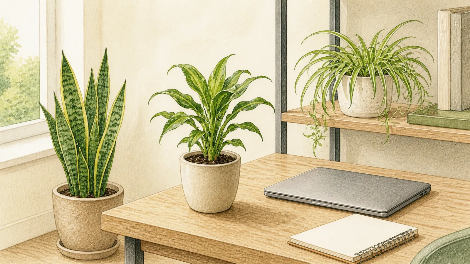 A bright office desk with snake plant, corn plant, and spider plant beside a laptop and notepad