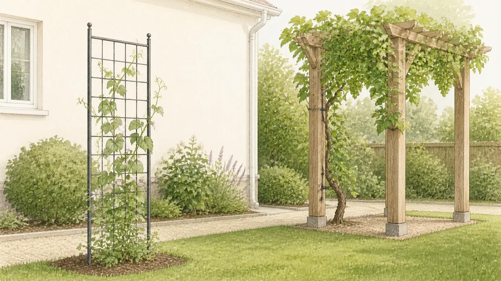 A light tendril vine climbing a freestanding metal trellis beside a sturdy arbor supporting a mature woody vine