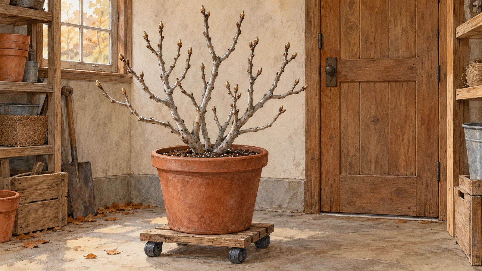 Watercolor illustration of a leafless fig shrub in a pot on a wheeled stand inside a sheltered storage room