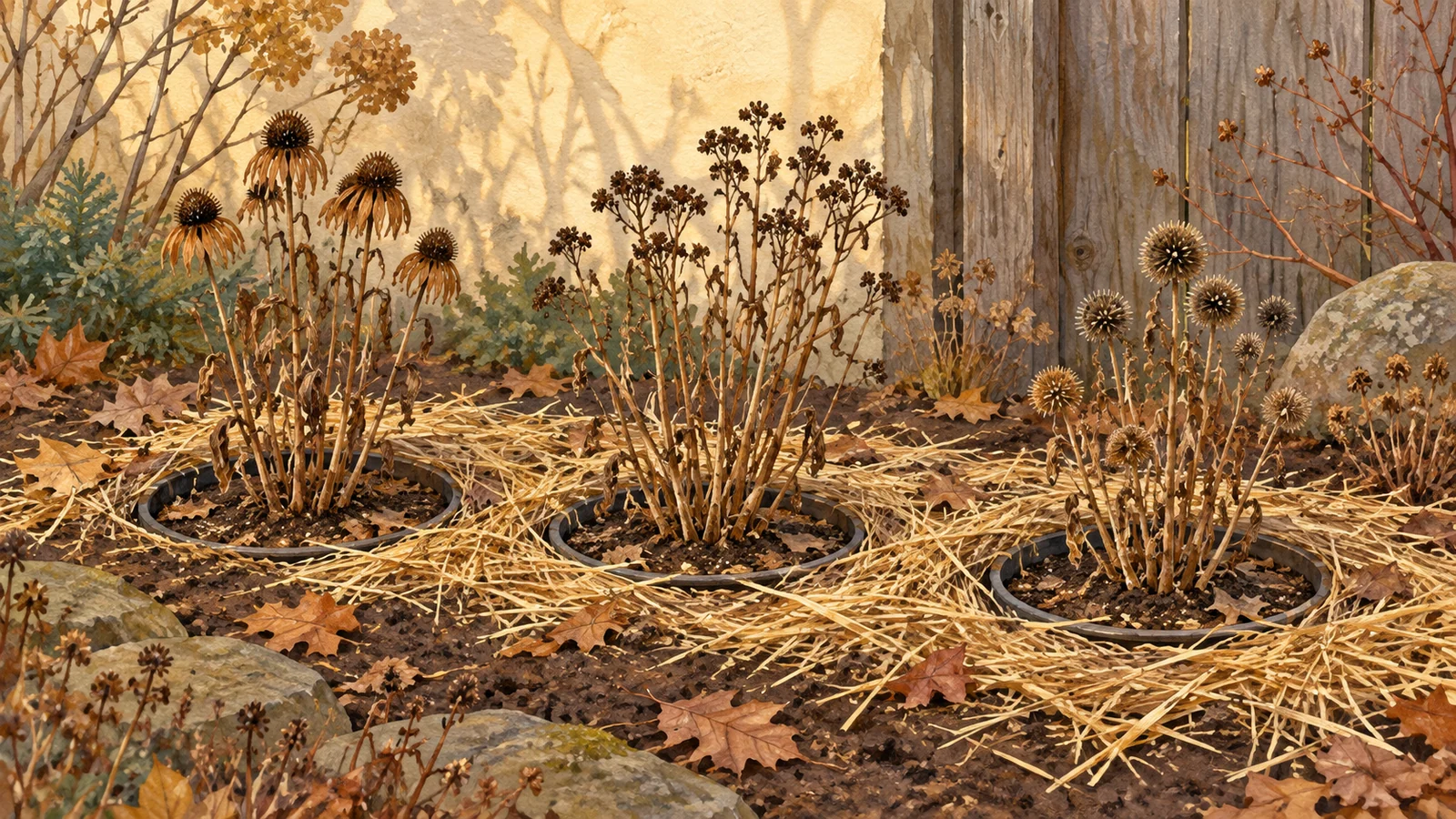 Illustration of dormant perennials in nursery pots sunk into a garden bed, with loose straw around the containers