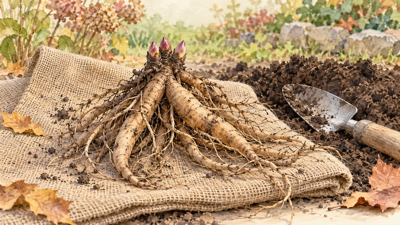 Illustration of a dormant peony division with fleshy tan roots and three pointed pink buds on burlap beside a garden trowel