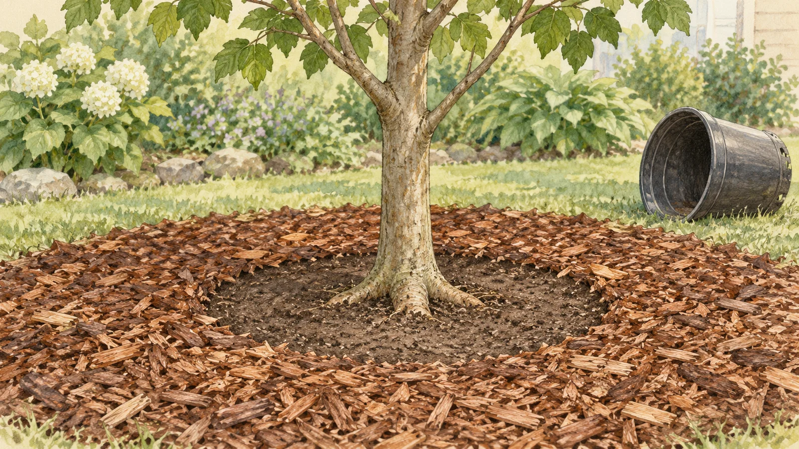 Watercolor illustration of a young tree with its root flare visible at soil level, a broad mulch ring kept away from the trunk and an empty nursery pot