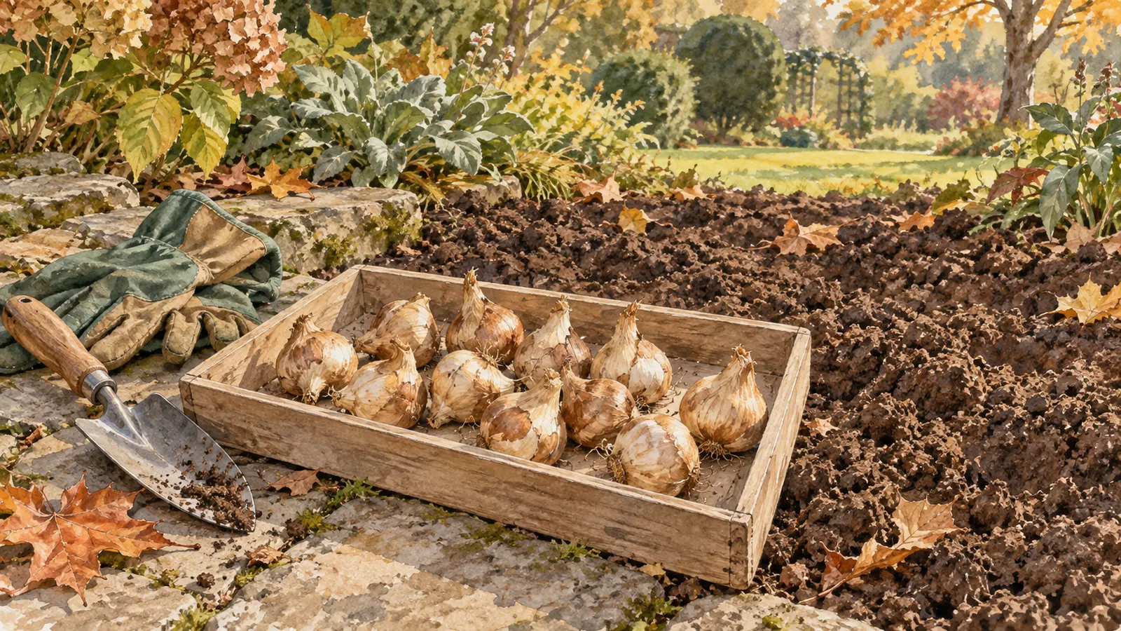 Illustration of dormant daffodil bulbs in a wooden tray beside a trowel and gloves at the edge of an autumn garden bed