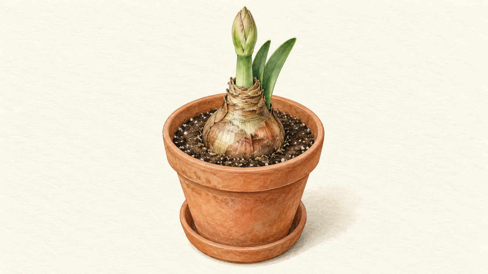 Watercolor illustration of an exposed amaryllis bulb with a closed flower bud and green leaves in a terracotta pot