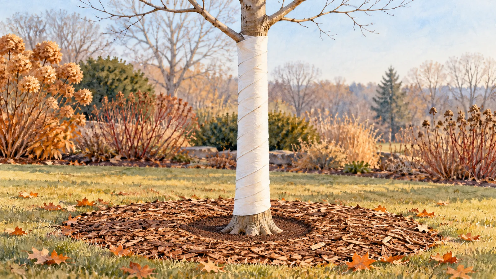 Illustration of a young deciduous tree with white paper wrap below its first branches and a clear soil gap between its root flare and mulch