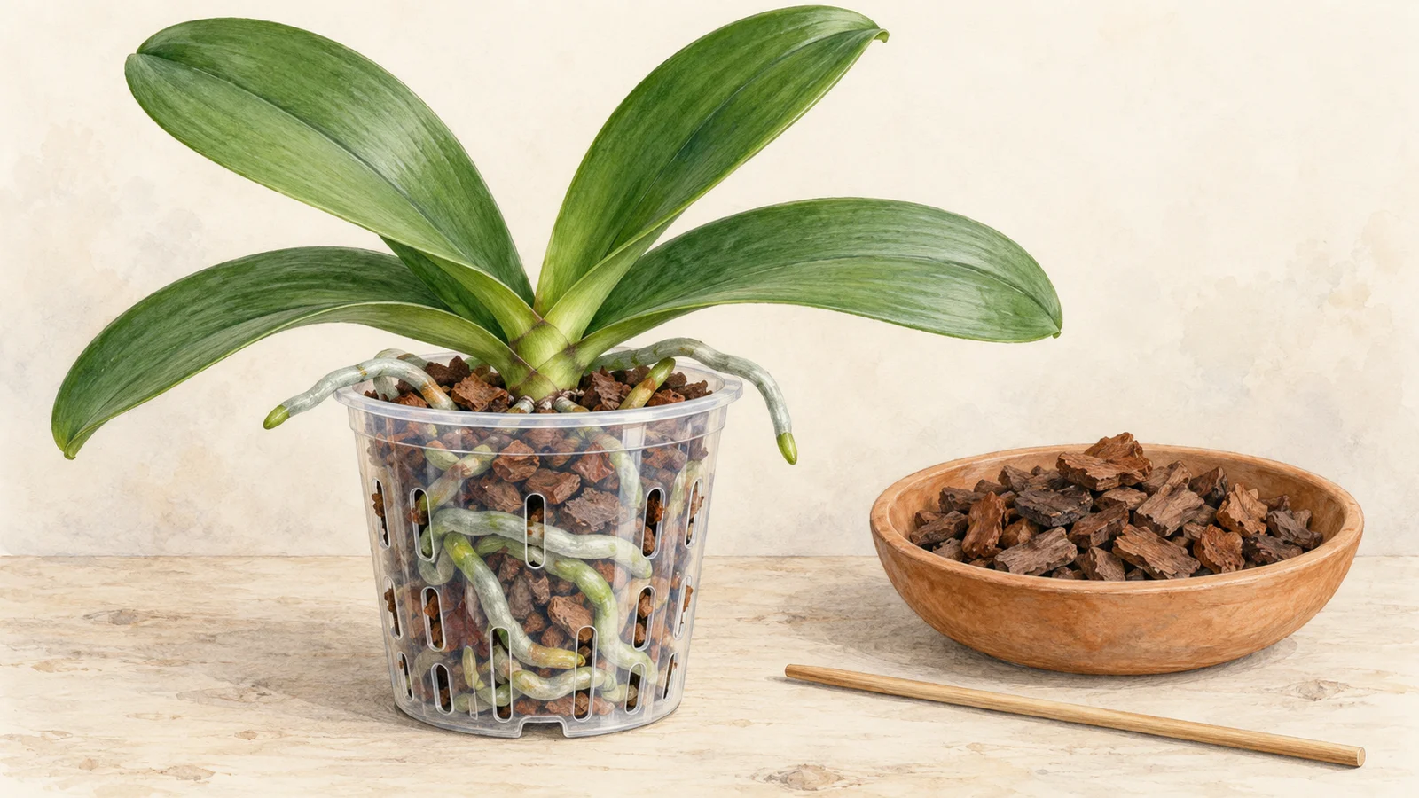 Watercolor illustration of a moth orchid with its crown above coarse bark in a clear draining pot, beside a bowl of bark and a wooden stick