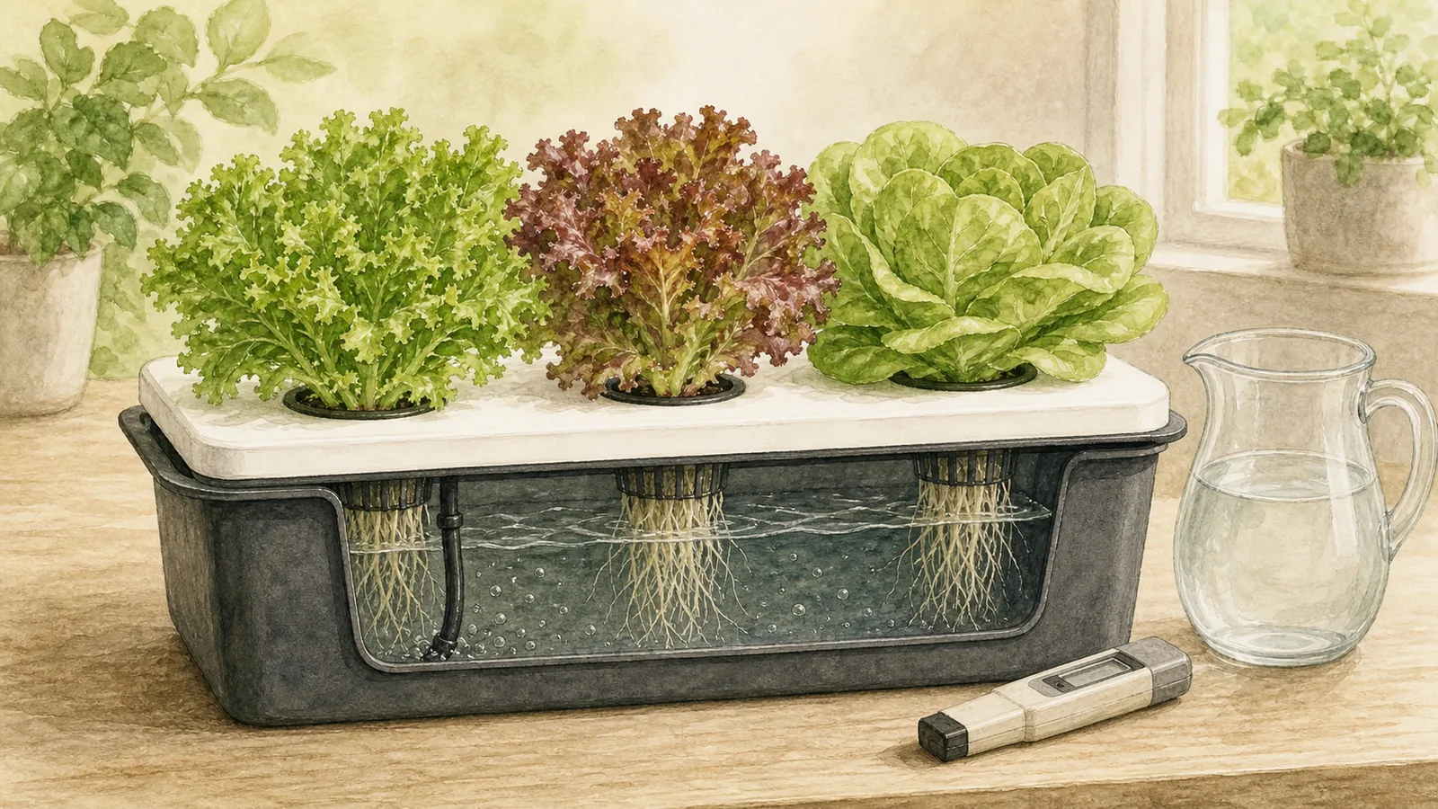 Three lettuce cultivars growing above a recirculating hydroponic reservoir beside an EC meter and refill pitcher