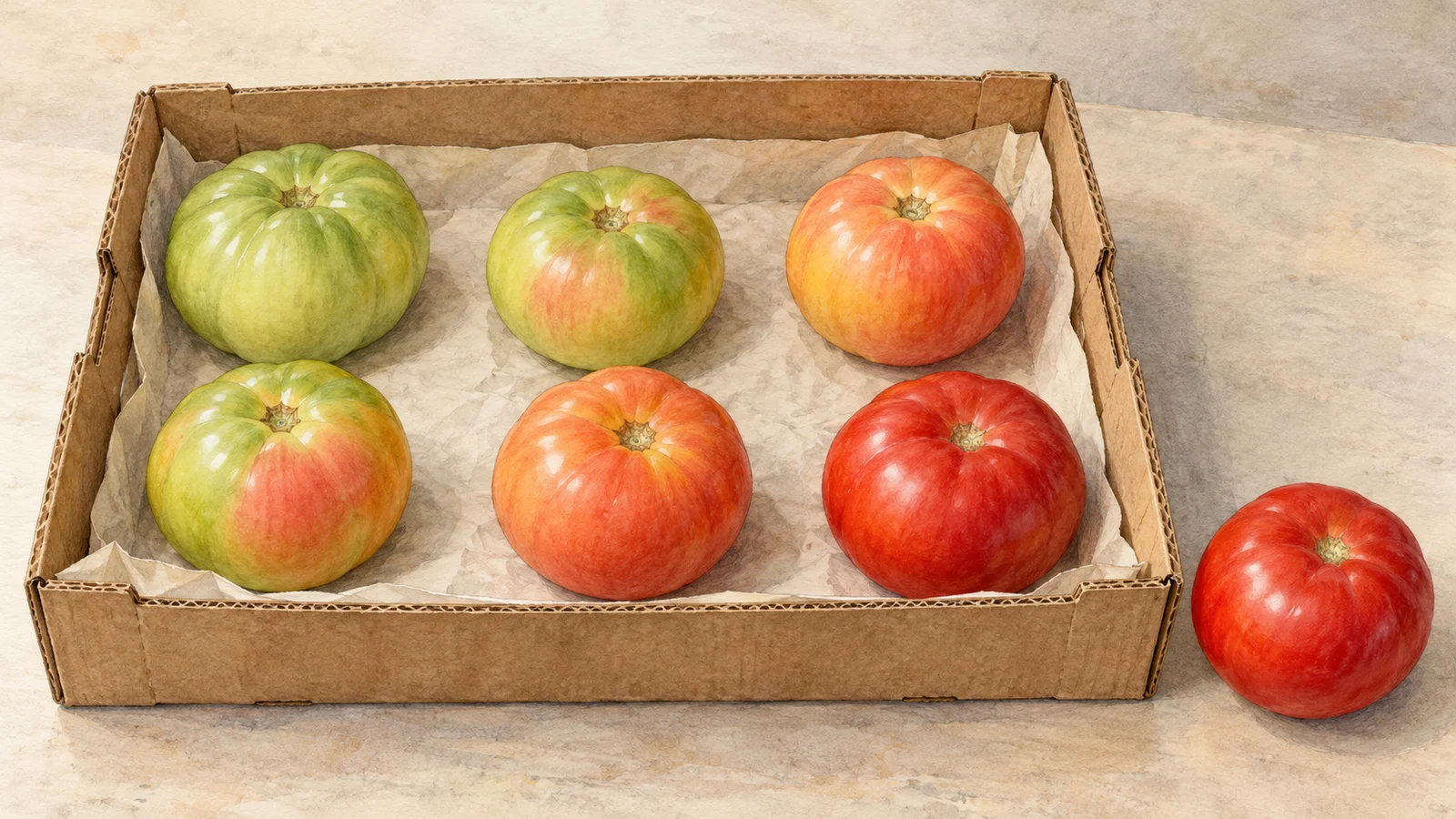 Illustration of green, blushing and red tomatoes spaced in a single layer in a shallow paper-lined box