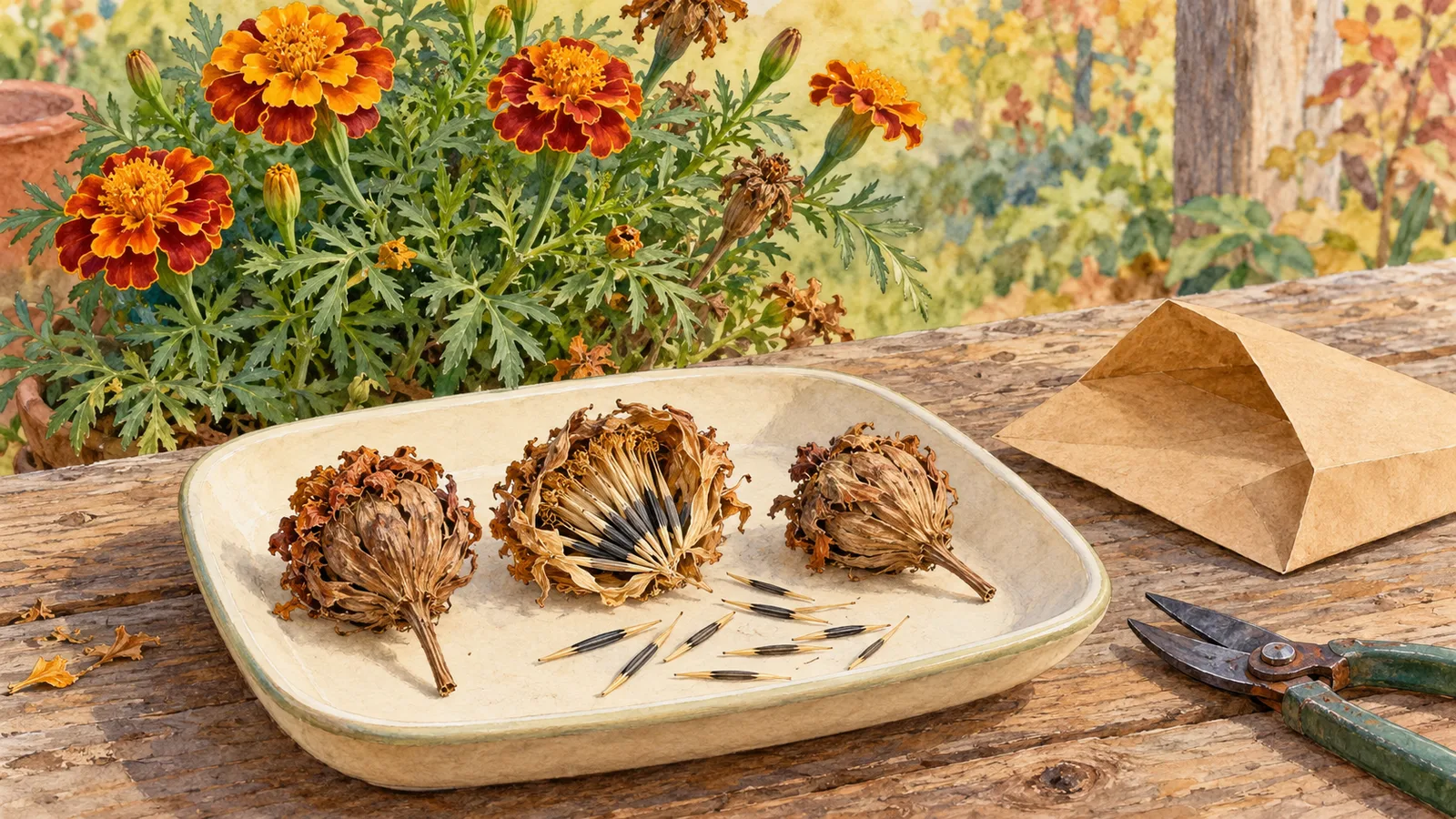 Illustration of dry marigold flower heads and slender seeds on a tray beside a paper envelope, with orange marigolds behind