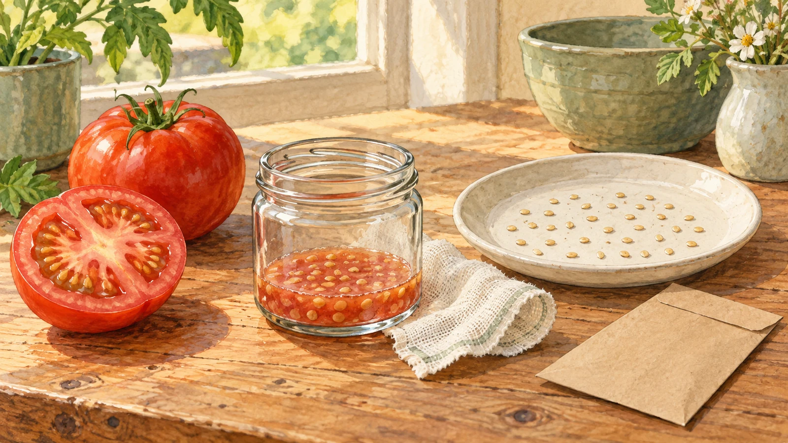 Illustration of a cut ripe tomato, seeds in tomato pulp in a glass jar, and separated seeds drying beside a paper envelope
