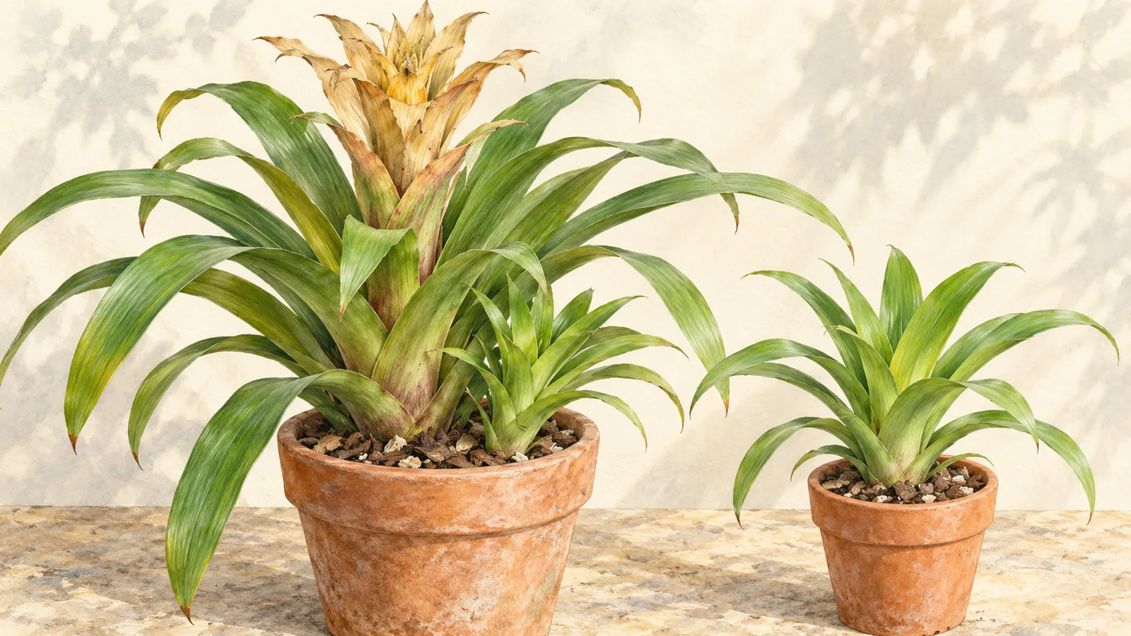 Watercolor illustration of a mature bromeliad with a faded flower display and a smaller offset beside a separate young rosette in a terracotta pot