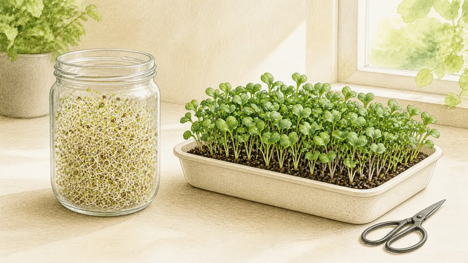 Alfalfa sprouts in a glass jar beside microgreens growing in a shallow tray