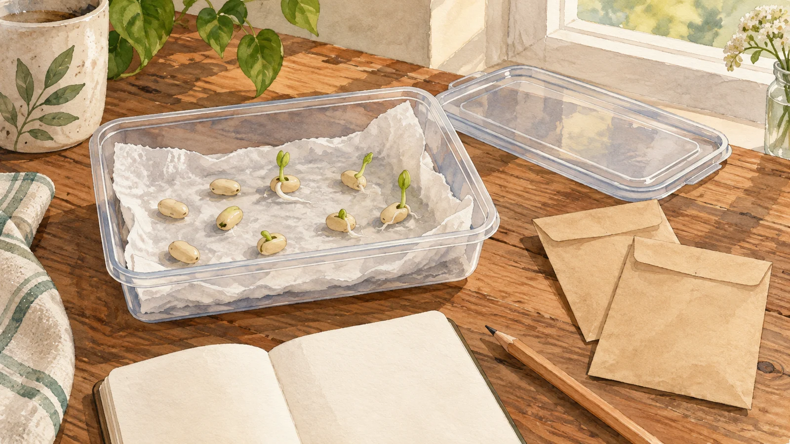 Illustration of vegetable seeds germinating on a damp paper towel beside plain seed envelopes