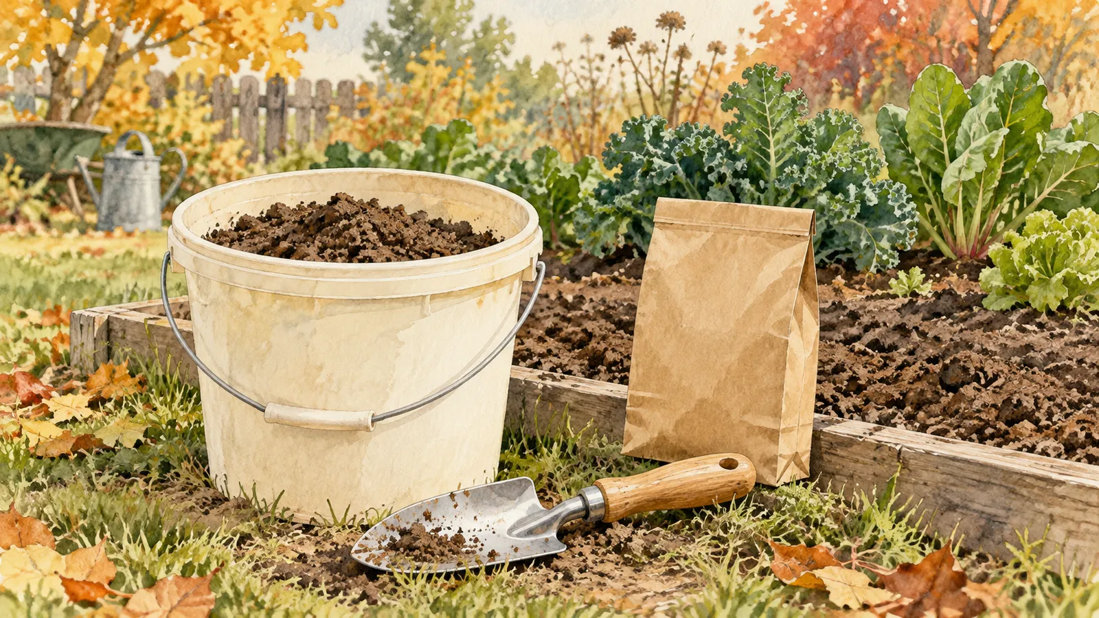 Watercolor illustration of a bucket of soil, a garden trowel and a blank sample bag beside a vegetable bed