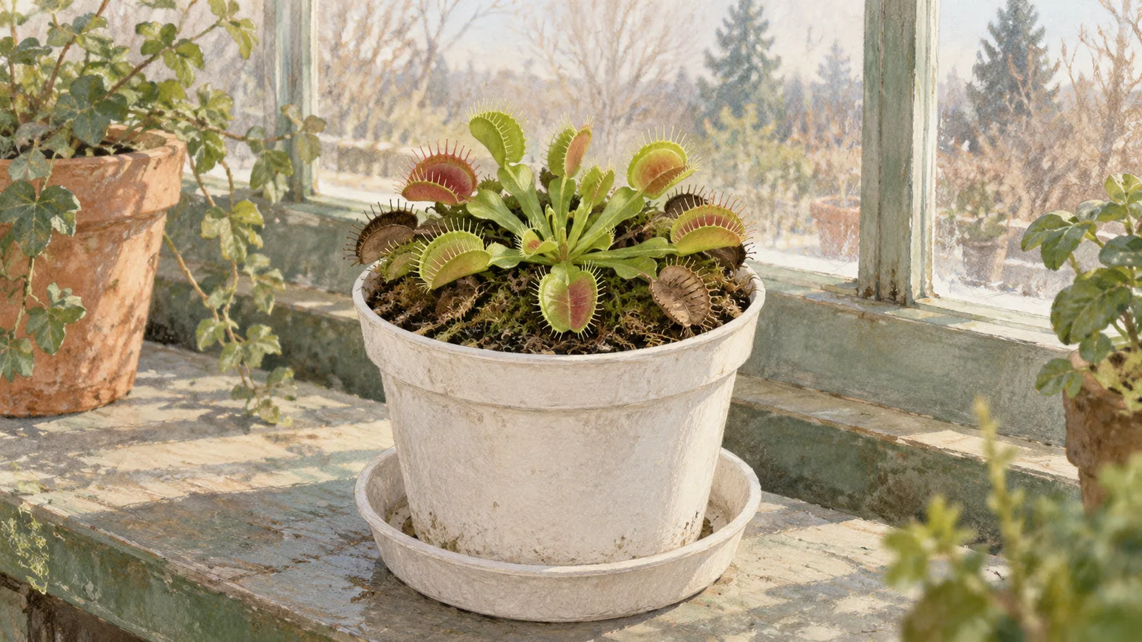 Watercolor illustration of a potted Venus flytrap with green central growth and several brown outer traps on a bright greenhouse bench