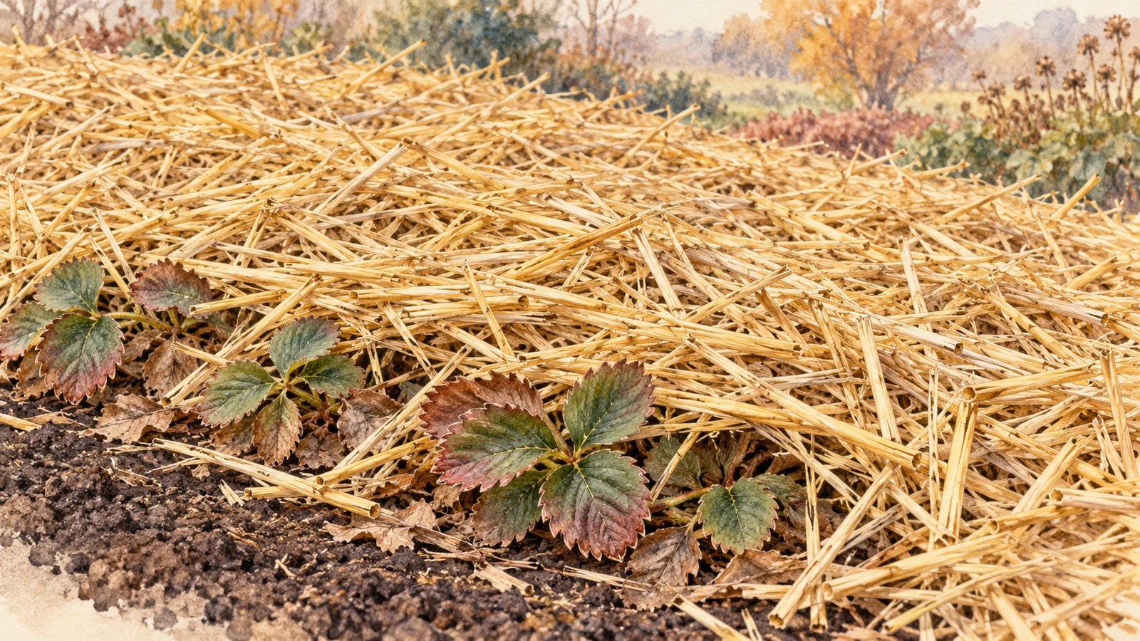 Illustration of loose straw covering a dormant strawberry bed, with a few flattened three-part leaves visible at the edge