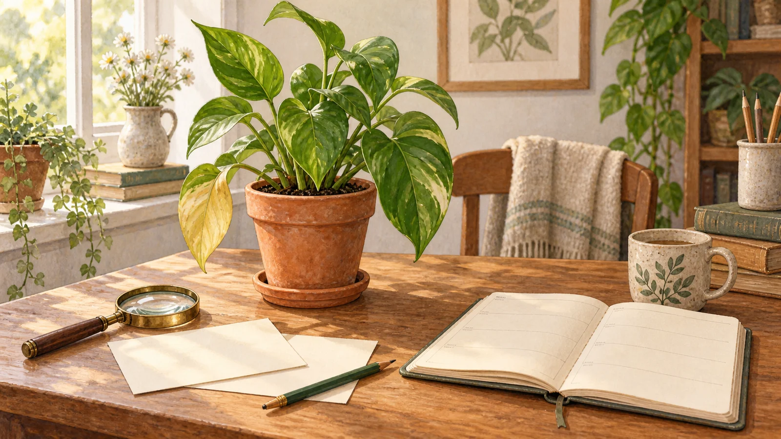 A houseplant beside a magnifier, observation sheets, and a weekly notebook on a wooden desk