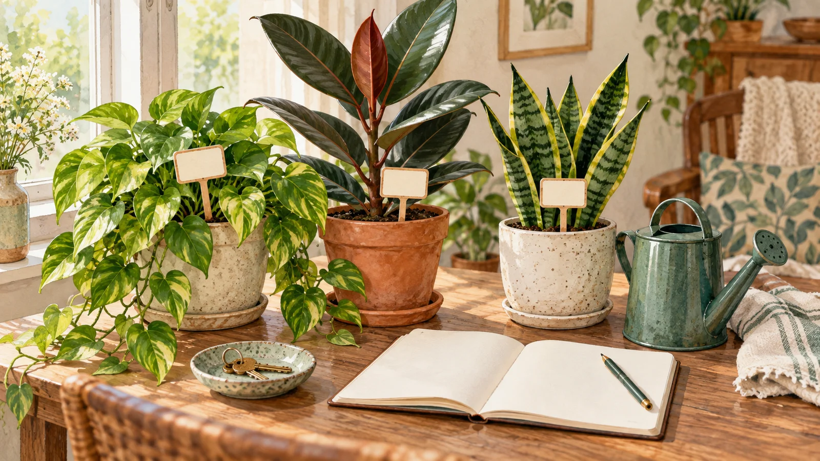 Three labeled houseplants beside a house key, watering can, and open care notebook