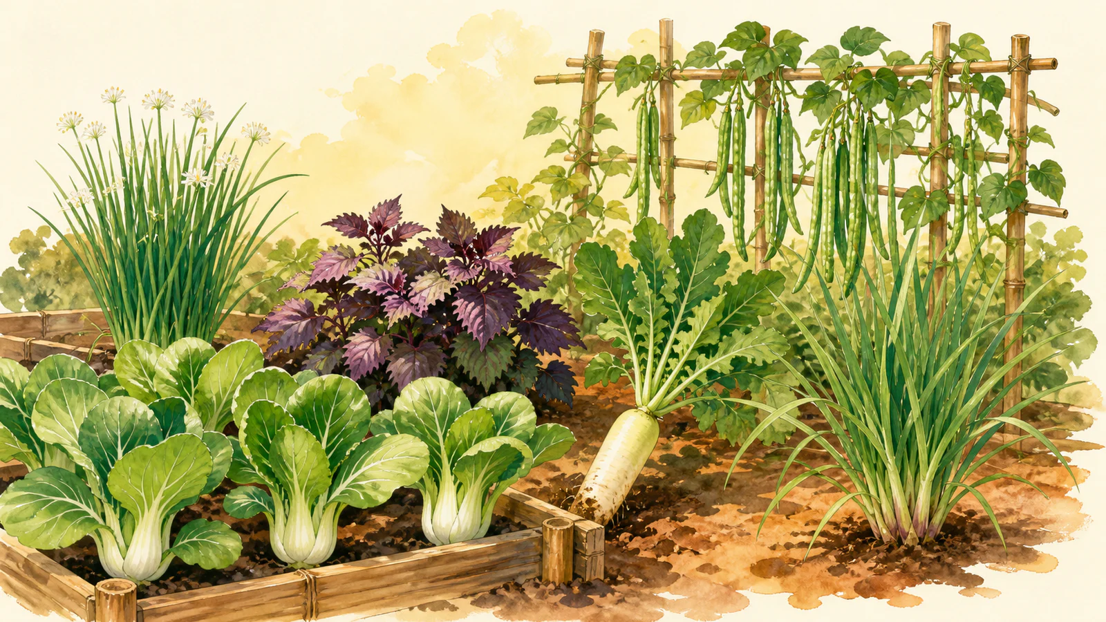 Kitchen garden with bok choy, daikon, yardlong beans, garlic chives, shiso, and lemongrass