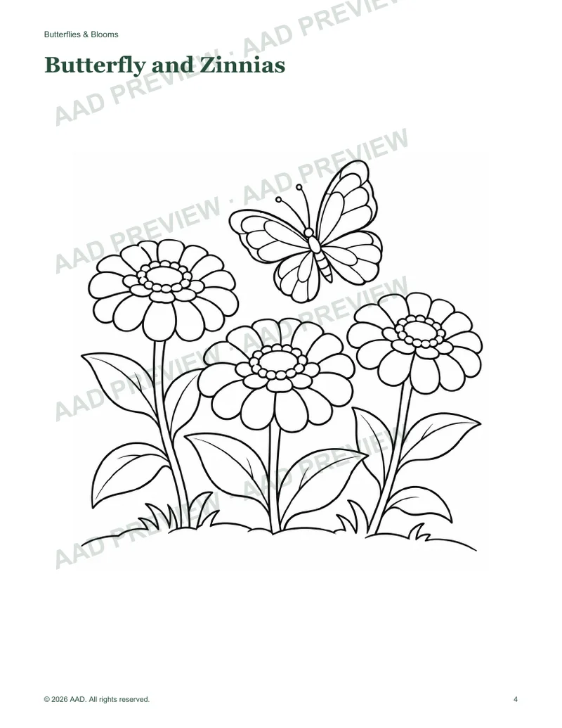 Watermarked butterfly and zinnia coloring page