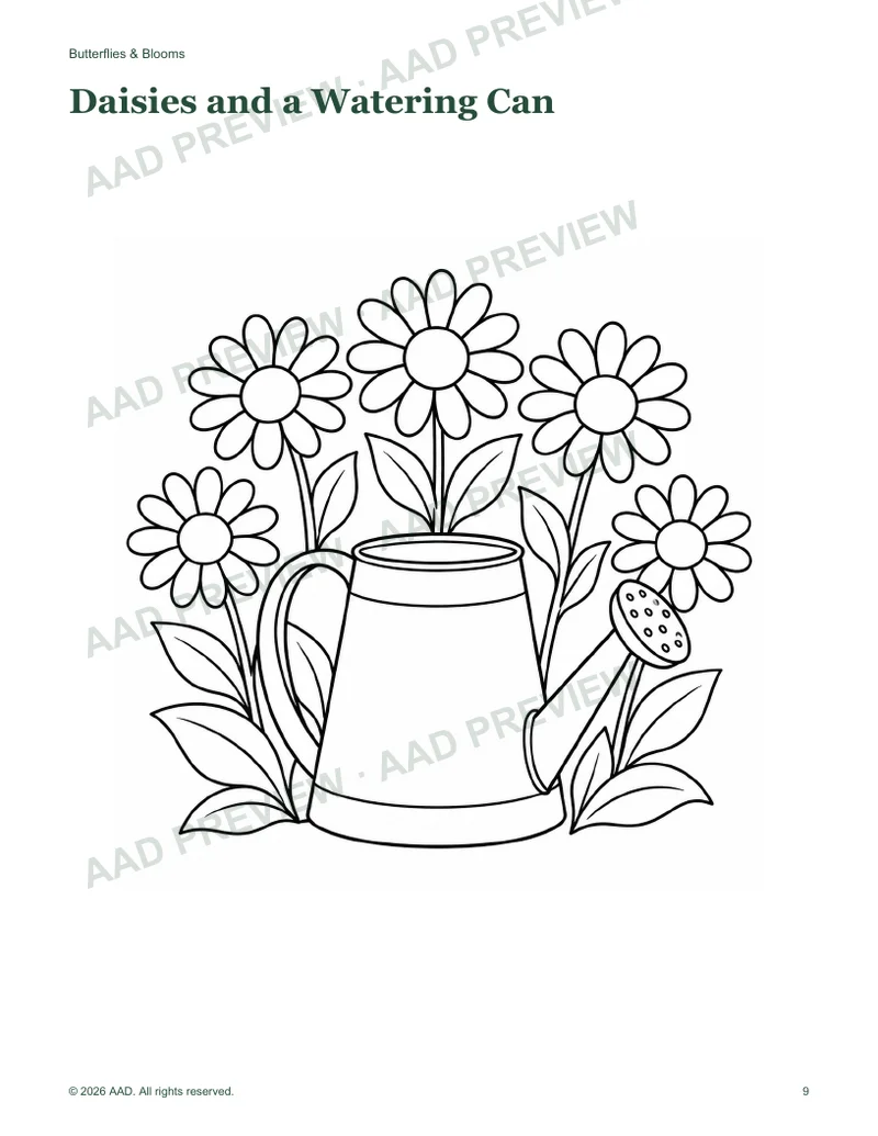 Watermarked daisy and watering-can coloring page