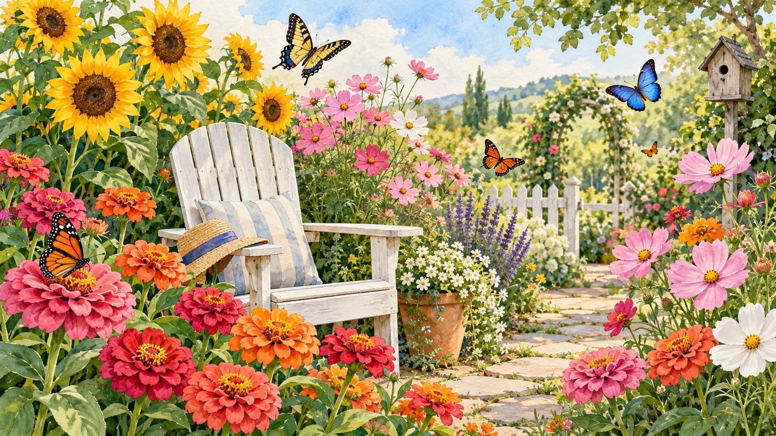 Watercolor flower garden with butterflies, zinnias, cosmos, sunflowers, and an empty garden chair
