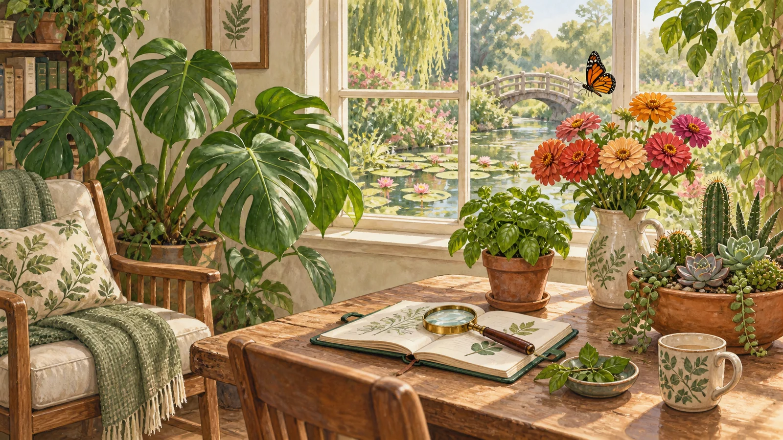 Botanical studio with houseplants, herbs, flowers, cacti, a butterfly, and a garden pond beyond the window