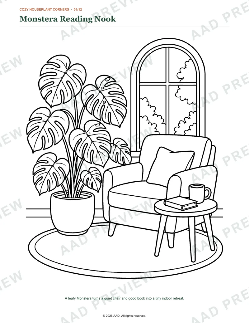 Watermarked preview of the Monstera Reading Nook coloring page