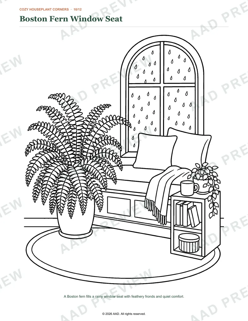 Watermarked preview of the Boston Fern Window Seat coloring page