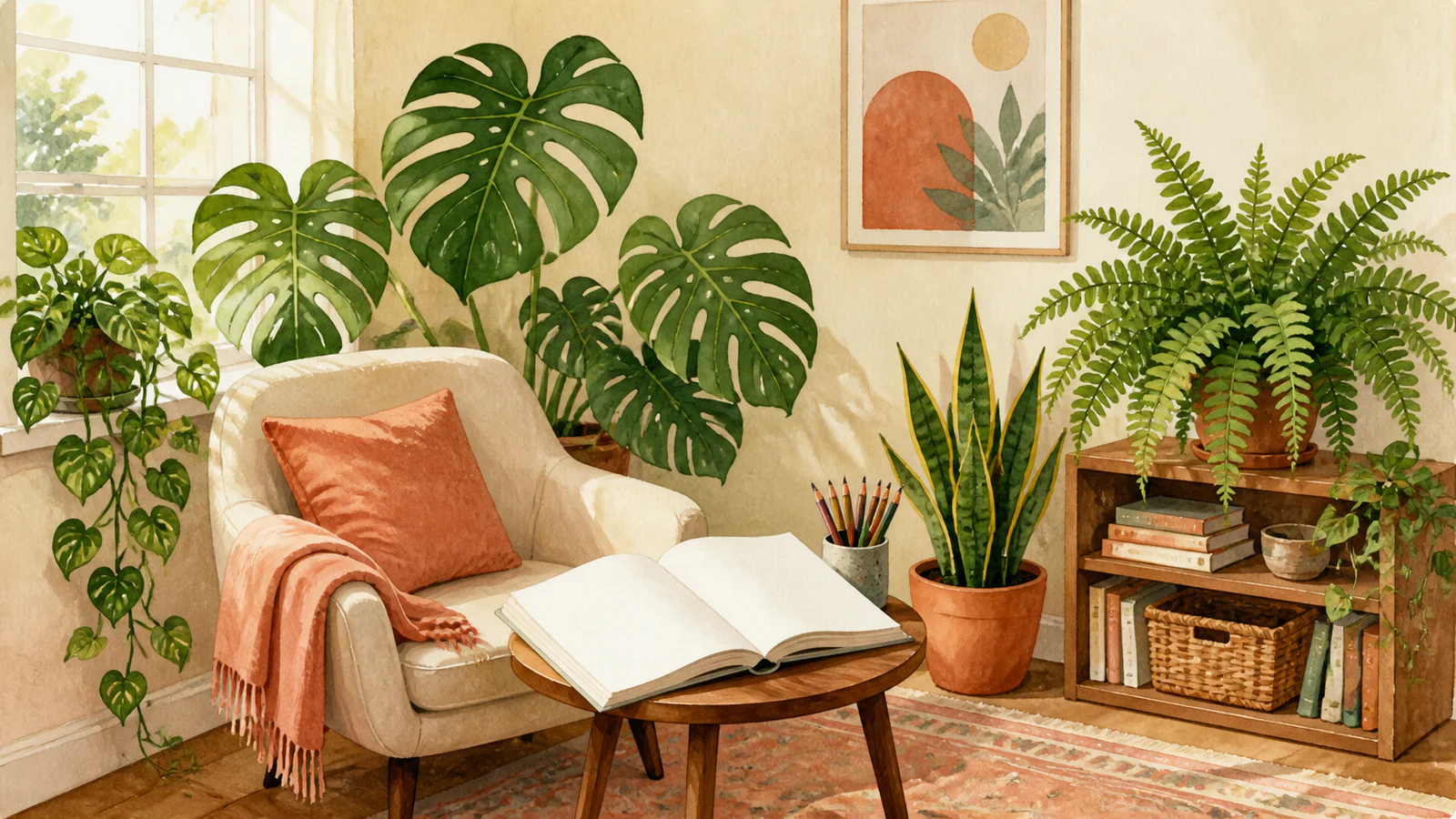 Cozy reading corner with Monstera, pothos, snake plant, fern, and a blank coloring book