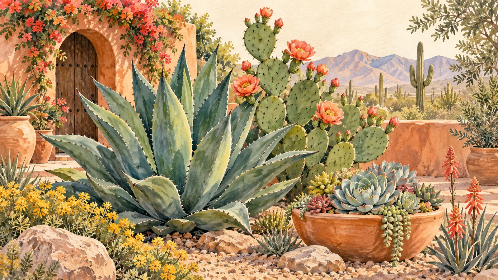 Watercolor desert courtyard with flowering prickly pear, agave, and a bowl of succulent rosettes