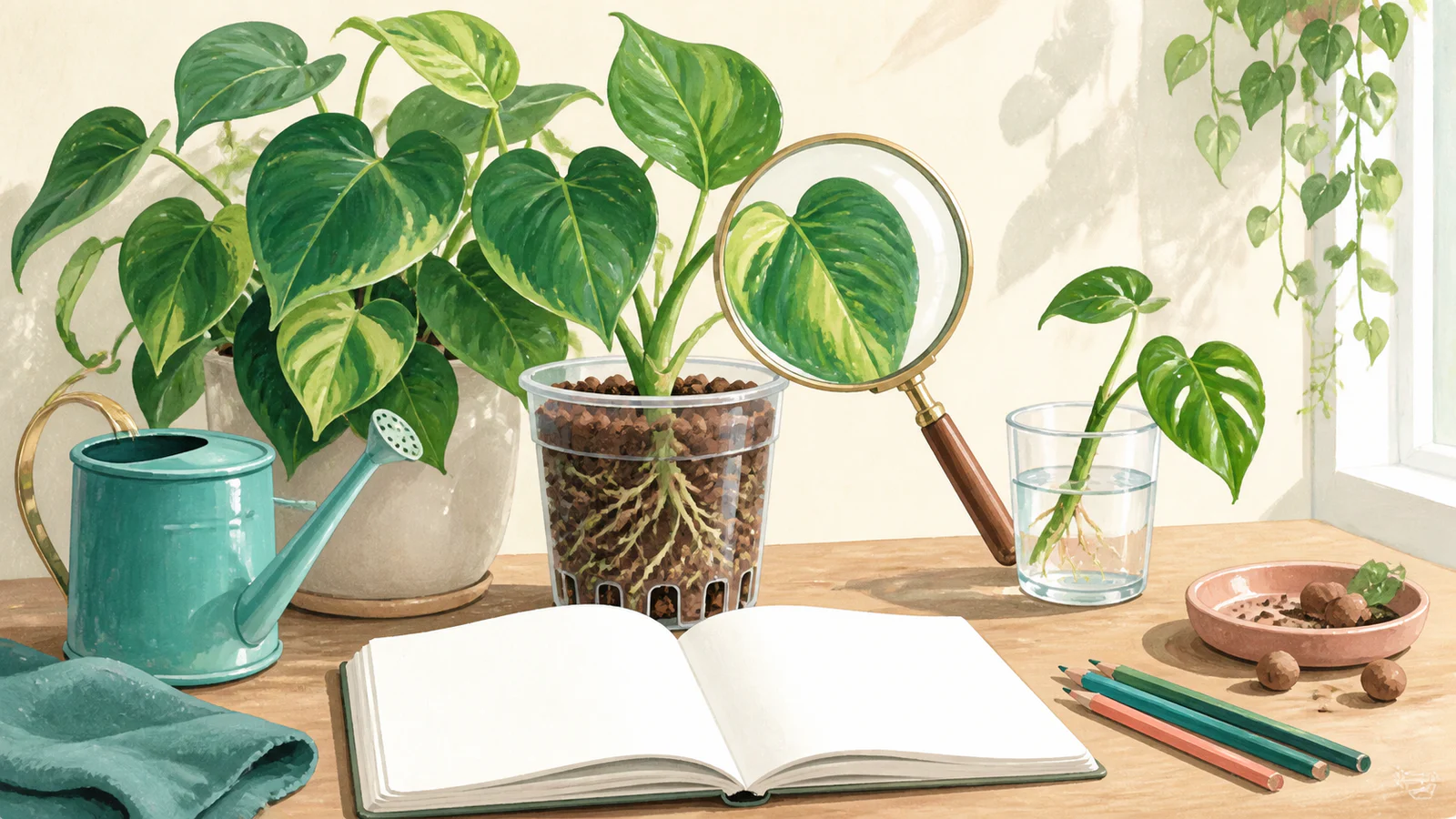 Plant-care workbench with visible roots, magnifying glass, watering can, cutting, and blank coloring book