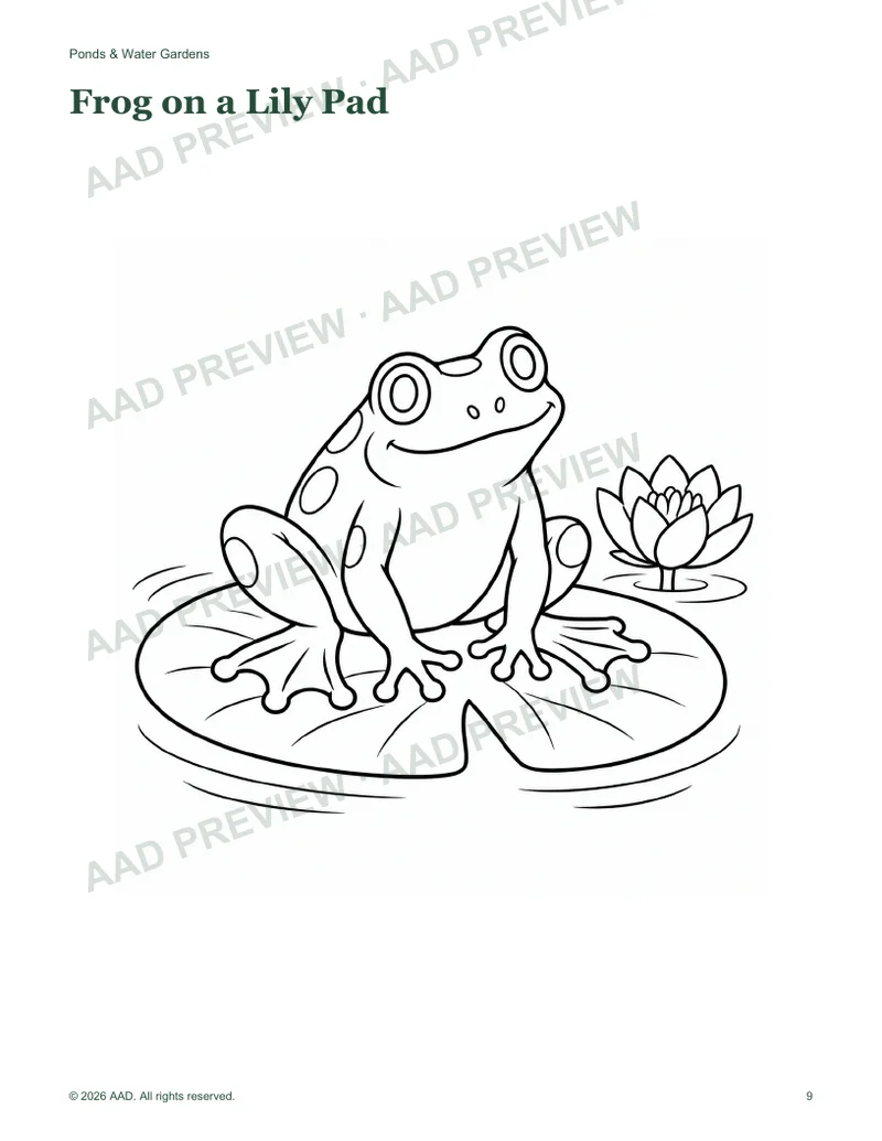 Watermarked frog and lily-pad coloring page