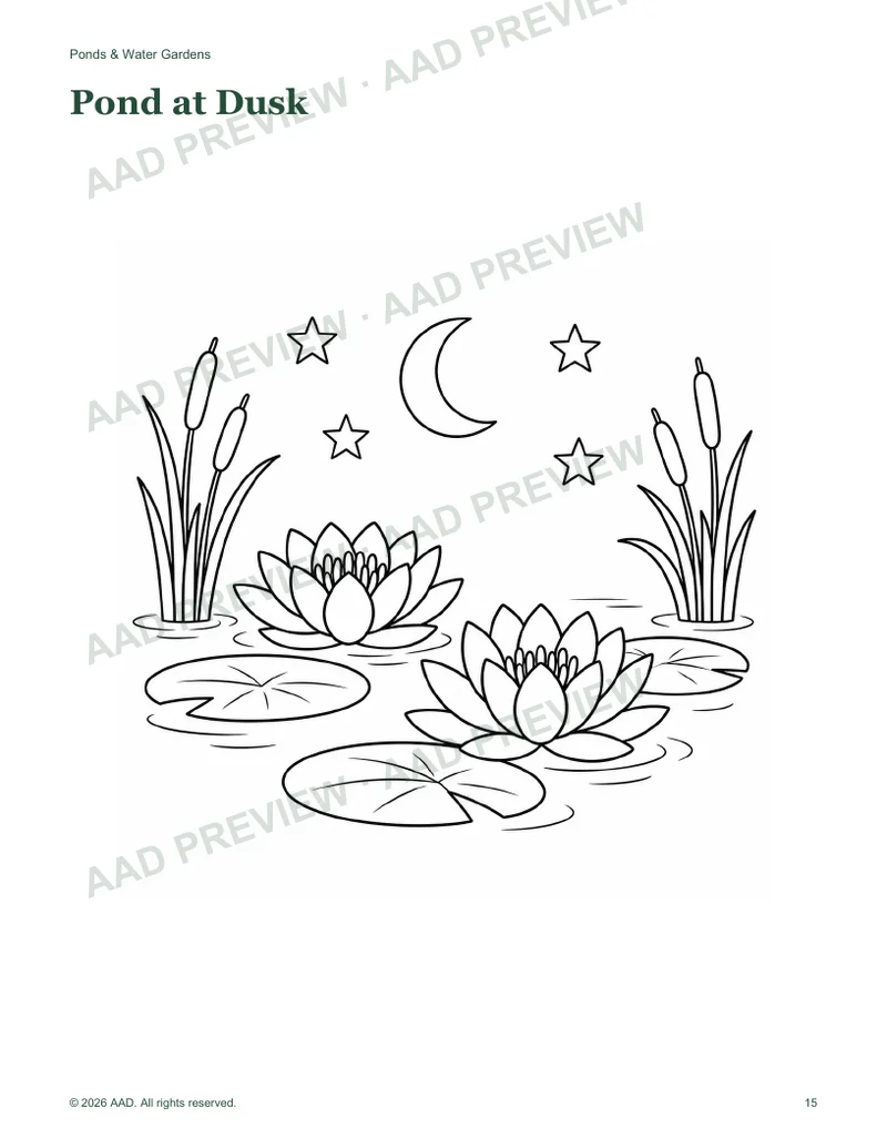 Watermarked pond-at-dusk coloring page