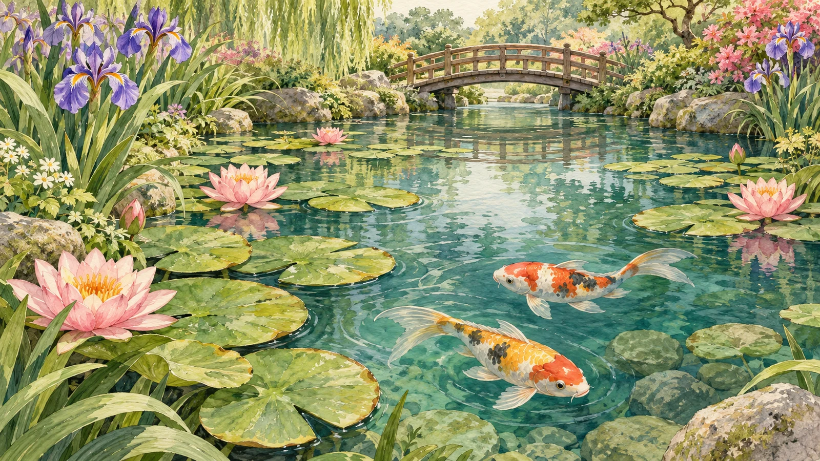 Watercolor pond with water lilies, irises, two koi, and a small arched bridge