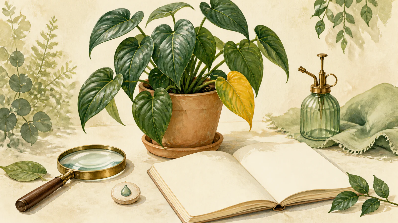 Houseplant with one yellowing leaf beside a magnifying glass, blank observation notebook, and moisture-drop token